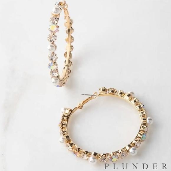 New Plunder "Kirby" Crystal and Pearl Hoop Earrings (2.5") - Picture 1 of 7
